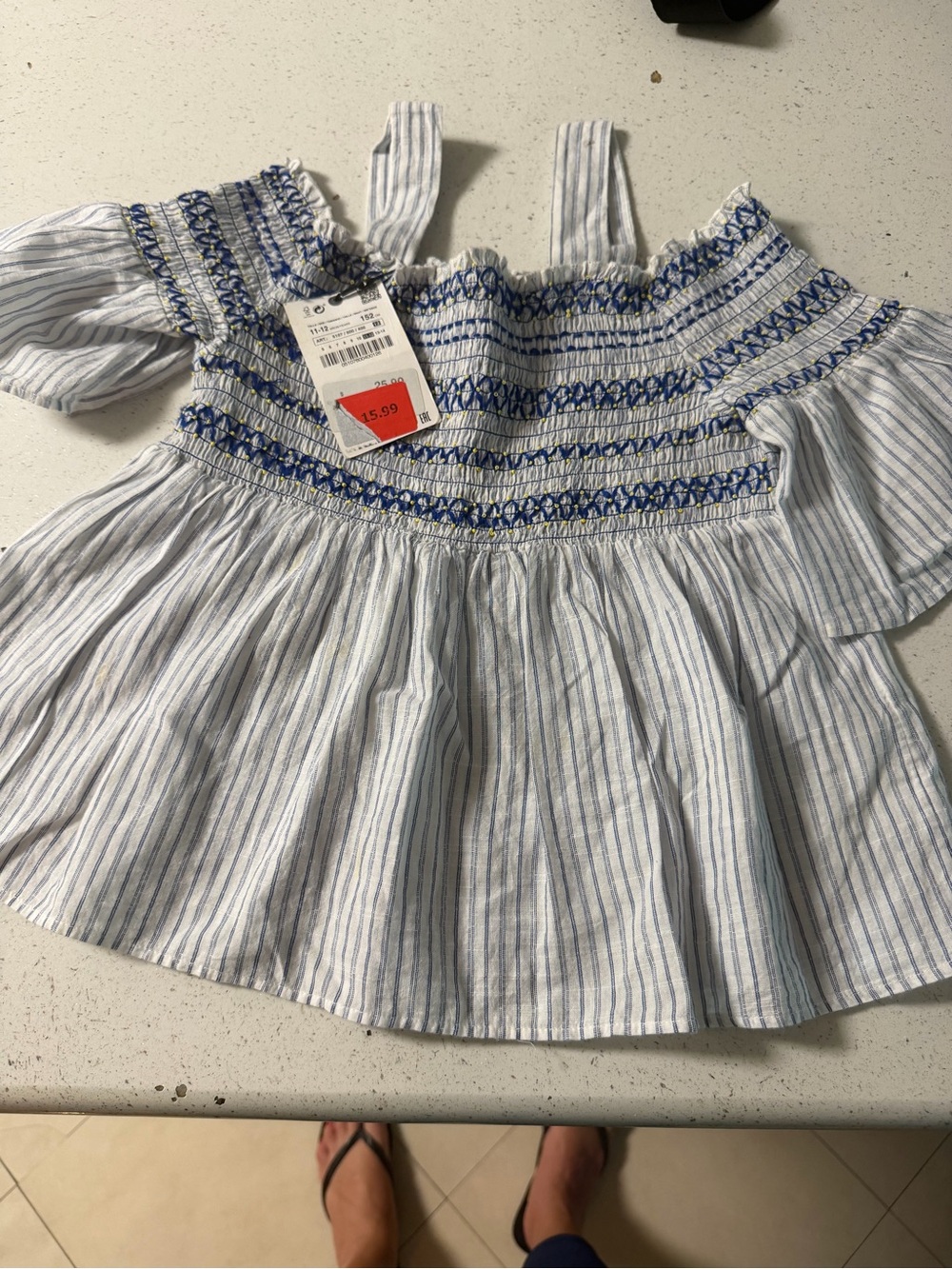 Zara Blue and White Striped Smocked Cold-Shoulder Top